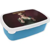MuchoWow Broodtrommel Blauw - Lunchbox Koffie - Vrouw - Middelvinger - Brooddoos 18x12x6 cm - Brood lunch box - Broodtrommels voor kinderen en volwassenen
