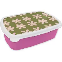 MuchoWow Broodtrommel Roze - Lunchbox Bloem - Modern - Groen - Brooddoos 18x12x6 cm - Brood lunch box - Broodtrommels voor kinderen en volwassenen