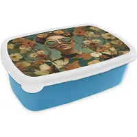 MuchoWow Broodtrommel Blauw - Lunchbox Bloemenkrans - Vrouwengezicht - Zonnebril - Oranje - Brooddoos 18x12x6 cm - Brood lunch box - Broodtrommels voor kinderen en volwassenen