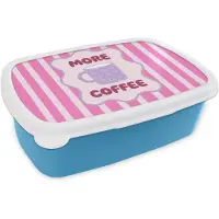 MuchoWow Broodtrommel Blauw - Lunchbox More coffee - Roze - Paars - Strepen - Mok - Brooddoos 18x12x6 cm - Brood lunch box - Broodtrommels voor kinderen en volwassenen