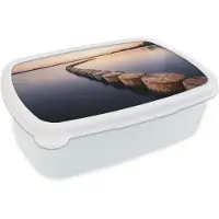 MuchoWow Broodtrommel Wit - Lunchbox Hout - Palen - Water - Brooddoos 18x12x6 cm - Brood lunch box - Broodtrommels voor kinderen en volwassenen