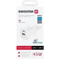 Swissten Snellader 45W GaN - USB-C PD & USB-A QC 3.0 Oplader - Reisadapter - Geschikt voor Samsung & Apple Smartphone, Tablet & Laptop - Wit
