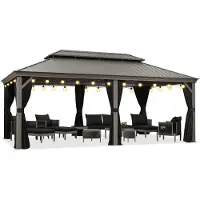 PURPLE LEAF Hardtop Aluminium Tuinpaviljoen – Dubbel dak – Hoogwaardige Gordijnen – Wind- en weerbestendig – Luxe Lichtgrijs – Met Sfeerverlichting