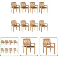The Living Store Stapelbare houten tuinstoelen - set van 8 - Teakhout - Antraciet kussen