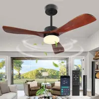 ROSNEK Plafondventilator met Lamp - Ventilator Plafond met Massief Houten Bladen - LED Plafondlamp Dimbaar - Afstandsbediening & App - 6 Snelheden - Stille DC Motor - Ø132cm