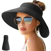 OIMG Zonnehoed Dames - met brede rand - Rieten Strandhoed - Vissershoedje - UV Hoed - Strohoed UV Werend - Hoed Verstelbaar & Opvouwbare - Reiszonnehoed - Zomer - Bescherming - Strandvakantie - Zwart