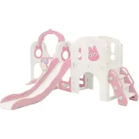 Joyz Kinderglijbaan met speeltoren & schommel roze & wit 6in1 met basketbalhoepel en klimwand binnen/buiten voor peuters vanaf 3 jaar
