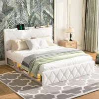 STILVORA Gestoffeerd Bed 140x200 cm – USB-Oplaadfunctie En LED-Verlichting – Hoofdbord Met Opbergruimte – Tweepersoonsbed Zonder Matras – Teddy Wit