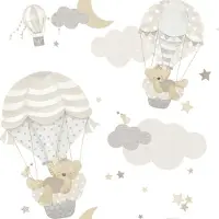 Happy Behang - Beren Luchtballonnen - Beige Grijs - Babykamer - Dieren - Wolken - Sterren - Maan - Neutraal - Scandinavisch - Pastel - 0,53 x 10,05 M -