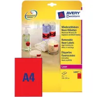 Avery Neon Etiketten 210 x 297 mm, neon rood, Laserprinter, afneembaar L6005-25