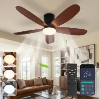 ROSNEK Plafondventilator met Lamp - 42 Inch vervangen door Ø106 cm - LED Plafondlamp Dimbaar - Afstandsbediening & App - 6 Snelheden - Stille DC Motor - Laag Profiel - Walnootlook