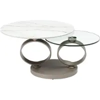 Vente-unique Salontafel met draaibare bladen van keramiek, gehard glas en taupegrijs metaal - Wit marmereffect - JOLINE van Maison Céphy