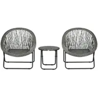 MODFU - Balkonmeubelset - Inklapbaar - Met Ronde Bijzettafel En 2 Stoelen - Voor Balkon Of Tuin - Staal En Kunststof Vlechtwerk - Grijs