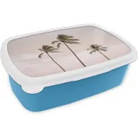 MuchoWow Broodtrommel Blauw - Lunchbox Palmbomen - Zonsondergang - Roze - Brooddoos 18x12x6 cm - Brood lunch box - Broodtrommels voor kinderen en volwassenen