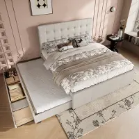 HAUSS SPOLE Gestoffeerd Bed 140x200cm - Tweepersoonsbed Met Uittrekbaar Onderbed En 3 Laden - Verstelbaar Hoofdeinde - Linnen - Beige - Zonder matras