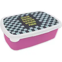 MuchoWow Broodtrommel Roze - Lunchbox Patroon - Geblok - Blauw - Slow down you're doing fine - Brooddoos 18x12x6 cm - Brood lunch box - Broodtrommels voor kinderen en volwassenen