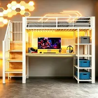 OKWISH Hoogslaper 90x200 cm - Met Bureau, Ledverlichting En Stopcontacten - Met Opbergtrap En Rek - Zonder Matras - Metaal Hout - Wit