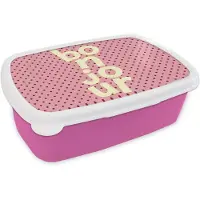 MuchoWow Broodtrommel Roze - Lunchbox Bonjour - Stippen - Roze- Geel - Brooddoos 18x12x6 cm - Brood lunch box - Broodtrommels voor kinderen en volwassenen