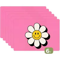 KitchenYeah Placemats - 6 stuks - 45x30 cm - Placemat kunststof - Smiley - Bloem - Roze - Borden onderleggers - Decoratie voor op tafel - Keuken tafeldecoratie accessoires - Vinyl onderlegger - Tafelversiering