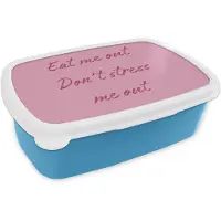 MuchoWow Broodtrommel Blauw - Lunchbox Eat me out don't stress me out - Roze - Handgeschreven - Brooddoos 18x12x6 cm - Brood lunch box - Broodtrommels voor kinderen en volwassenen