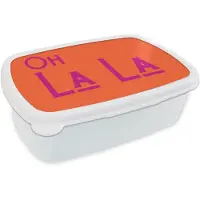 MuchoWow Broodtrommel Wit - Lunchbox Oh la la - Oranje - Roze - Scheeflettertype - Brooddoos 18x12x6 cm - Brood lunch box - Broodtrommels voor kinderen en volwassenen
