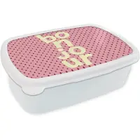 MuchoWow Broodtrommel Wit - Lunchbox Bonjour - Stippen - Roze- Geel - Brooddoos 18x12x6 cm - Brood lunch box - Broodtrommels voor kinderen en volwassenen