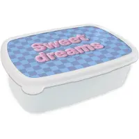 MuchoWow Broodtrommel Wit - Lunchbox Sweet dreams - Vierkanten - Roze - Blauw - Brooddoos 18x12x6 cm - Brood lunch box - Broodtrommels voor kinderen en volwassenen