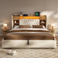 HAUSS SPOLE Gestoffeerd Bed 140x200 cm - Met Led, Usb En Usb C, Opbergruimte En Hoofdbordplank - Zonder Matras - Linnen - Beige