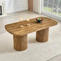 OKWISH Eettafel – Ovale Tafel Voor 6-8 Personen – Geribbelde Cilindervoeten – Wabi-Sabi Stijl – MDF Houtkleur