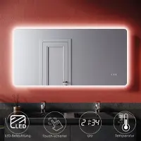 Elegant SONNI Badspiegel 120x60 cm, met touch-schakelaar, klok en temperatuurweergave, koel wit licht, wandspiegel met LED-verlichting, IP44
