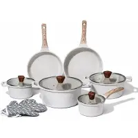 ROYAL SWISS –Pannenset Inductie–12-delig–Aluminium Pannensets–PFAS Vrij–Kookpotten,Koekenpannen,Glazen Deksels & Handschoenen–Beige