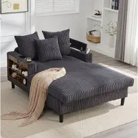 OKWISH Chaise Longue 129 x 170 cm - Met LED, USB, Opbergruimte en Bekerhouders - Voor Woonkamer of Balkon - Corduroy - Donkergrijs