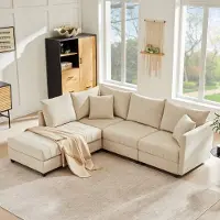 Merax Moderne hoekbank - modulaire bank - bank voor vijf personen - met ombouwbare voetenbank - L-vormige bank - U-vormige bank - beige