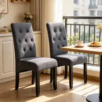 MODFU Eetkamerstoel - Hoge Rugleuning - Knopenpatroon - Voor Eetkamer - Massief Hout - Donkergrijs - Set Van 2