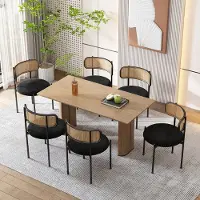 MODFU - Eetkamerstoelenset - Fluwelen Bekleding - Rotan Rugleuning - Gebogen Rugleuning - Metalen Poten - Zwart