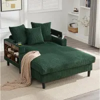 OKWISH Slaapbank, Corduroy fauteuil met LED-verlichting en bekerhouder, 1-persoonsbank met USB-poort en opbergruimte, woonkamerbank in groen