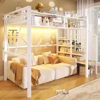 Sweiko Hoogslaper - 90 x 200 cm - Metalen bedframe - Opbergplank - LED-verlichting - Wit (zonder bank)