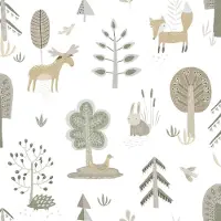 Happy Behang - Bosdieren - Scandinavisch - Peuterkamer - Wit Groen - Kinderkamer - Dierenbehang - Eland Vos Konijn - 0,53 x 10,05 M -