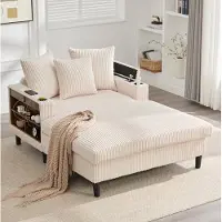 STILVORA Chaise Longue 129 x 170 cm - Met LED, USB, Opbergruimte En Bekerhouders - Voor Woonkamer En Lounge - Ribfluweel Beige