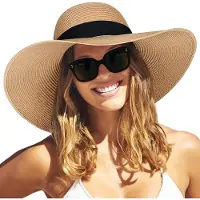 VHV - Dames zonnehoed - Strohoed dames - 48 cm in diameter - Strandhoed dames - Opvouwbare brede rand hoed - Voor strand vakantie en zomer - Bruin