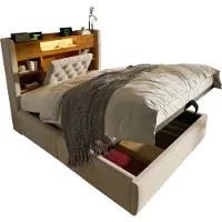OKWISH Gestoffeerd Bed 90x200 cm - Met Usb C Oplaadpunten En Led - Hydraulische Opbergruimte - Zonder Matras - Beige