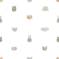 Happy Behang - Dieren - Aquarel - Babykamer Neutraal - Wit Groen - Kinderkamer - Dierenhoofdjes - Beer Kat Konijn - 0,53 x 10,05 M -