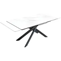 Meublorama Uitschuifbare eettafel ARAVIS 160-200 cm – Marmer effect keramiek wit en zwarte metalen poten