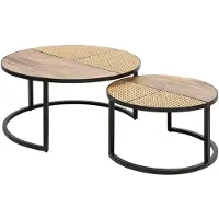 Invicta Set van 2 salontafels VIENNA LOUNGE 70cm rond massief mangohout Weens rieten metalen frame zwart - 40135