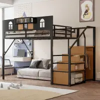 Sweiko metalen hoogslaper, 140 x 200 cm, met opbergruimte, raam, houten panelen en gaas, unieke verhoogde omheining, opbergruimte aan het bed, stevig metalen frame, zwart