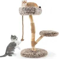 Costway 90 cm kraboom van hout met 3 pluche zitplaatsen, touw en krabpalen van jute, katten toren, kattenmeubel, krabboom, klimboom, bruin + naturel