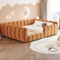 Flieks kinderbed 140x200 cm met valbeveiliging, gestoffeerd tweepersoonsbed met lattenbodem, multifunctioneel bed geschikt voor kinderkamers en tienerkamers, fluweel, oranje
