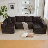 OKWISH hoekbank met rugkussens en sierkussens, woonkamerbank met bekerhouders en zijvakken, corduroy, U-vormige bank in bruin