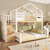 OKWISH Stapelbed 90x200/140x200 cm - Huisbed Met Trapkast En Open Planken - Met Opbergruimte - Kinderbed Van Hout En MDF - Zonder Matras - Wit En Houtkleur