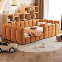 OKWISH Kinderbed 90x200 cm - Gesloten Gestoffeerd Vloerbed Met Afgeronde Hoeken - Normaal Bed Zonder Matras - Fluweel - Oranje